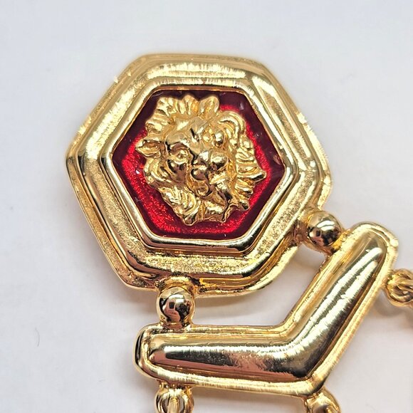 Lion Head Dangle Brooch Red Green Intaglio Medallions Etruscan Gold Tone Pin - Picture 3 of 6